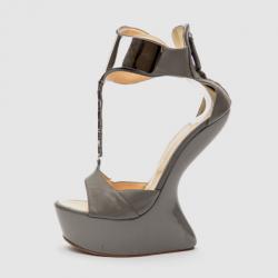 Pre Owned Giuseppe Zanotti Grey Leather Concave Wedge Back Zip Sandals Size 40
