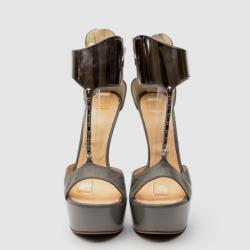 Pre Owned Giuseppe Zanotti Grey Leather Concave Wedge Back Zip Sandals Size 40