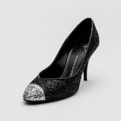 Pre Owned Giuseppe Zanotti Black Glitter Silver Cap Toe Pumps Size 38