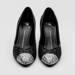 Pre Owned Giuseppe Zanotti Black Glitter Silver Cap Toe Pumps Size 38