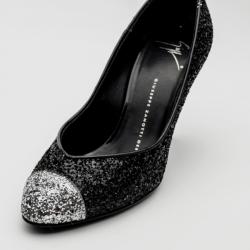 Pre Owned Giuseppe Zanotti Black Glitter Silver Cap Toe Pumps Size 38