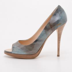 Pre Owned Giuseppe Zanotti Denim Crosshatched Patent Peep Toe Pumps Size 39