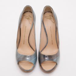 Pre Owned Giuseppe Zanotti Denim Crosshatched Patent Peep Toe Pumps Size 39
