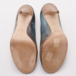 Pre Owned Giuseppe Zanotti Denim Crosshatched Patent Peep Toe Pumps Size 39