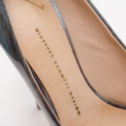 Pre Owned Giuseppe Zanotti Denim Crosshatched Patent Peep Toe Pumps Size 39