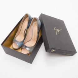 Pre Owned Giuseppe Zanotti Denim Crosshatched Patent Peep Toe Pumps Size 39