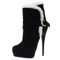 Pre Owned Giuseppe Zanotti Black Suede Fur Trim Ankle Boots Size 37