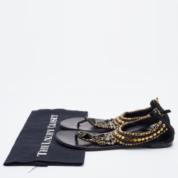 Pre Owned Giuseppe Zanotti Black Suede Crystal Embellished Thong Flats Size 38.5