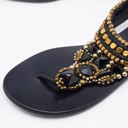 Pre Owned Giuseppe Zanotti Black Suede Crystal Embellished Thong Flats Size 38.5