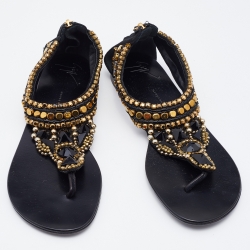 Pre Owned Giuseppe Zanotti Black Suede Crystal Embellished Thong Flats Size 38.5