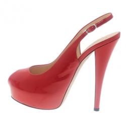 Pre Owned Giuseppe Zanotti Red Patent Leather ‘Monro 105′ Platform Peep Toe Slingback Sandals Size 40