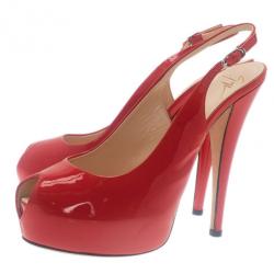 Pre Owned Giuseppe Zanotti Red Patent Leather ‘Monro 105′ Platform Peep Toe Slingback Sandals Size 40