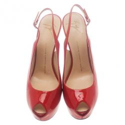 Pre Owned Giuseppe Zanotti Red Patent Leather ‘Monro 105′ Platform Peep Toe Slingback Sandals Size 40