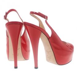 Pre Owned Giuseppe Zanotti Red Patent Leather ‘Monro 105′ Platform Peep Toe Slingback Sandals Size 40