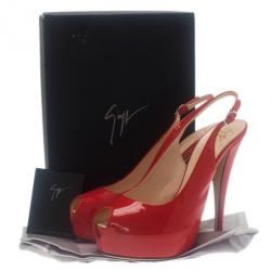 Pre Owned Giuseppe Zanotti Red Patent Leather ‘Monro 105′ Platform Peep Toe Slingback Sandals Size 40
