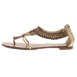Pre Owned Giuseppe Zanotti Gold Leather Jeweled Flat Thong Sandals Size 39