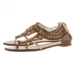 Pre Owned Giuseppe Zanotti Gold Leather Jeweled Flat Thong Sandals Size 39