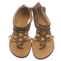 Pre Owned Giuseppe Zanotti Gold Leather Jeweled Flat Thong Sandals Size 39