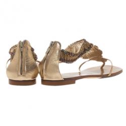 Pre Owned Giuseppe Zanotti Gold Leather Jeweled Flat Thong Sandals Size 39