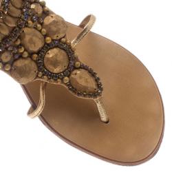 Pre Owned Giuseppe Zanotti Gold Leather Jeweled Flat Thong Sandals Size 39