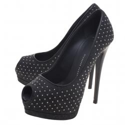 Pre Owned حذاء كعب عالي جوسيبي زانوتي لباد أسود مرصع مقدمة مفتوحة نعل سميك مقاس 36.5