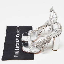 Pre Owned Giuseppe Zanotti Silver Leather Block Heel Ankle Strap Sandals Size 37