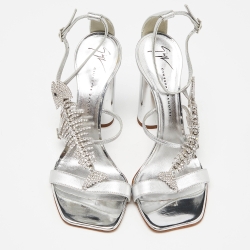 Pre Owned Giuseppe Zanotti Silver Leather Block Heel Ankle Strap Sandals Size 37