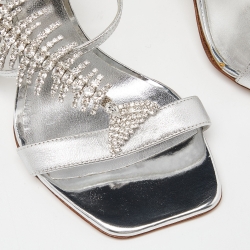 Pre Owned Giuseppe Zanotti Silver Leather Block Heel Ankle Strap Sandals Size 37