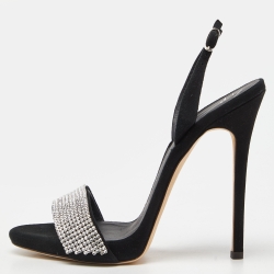 Black Suede Crystal Embellished Ankle Strap Sandals
