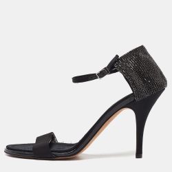 Black Fabric And Crystal Embellished Ankle Strap Sandals