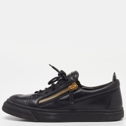 Black Leather Double Zipper Low Top Sneakers