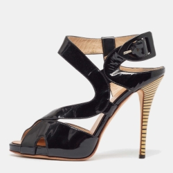 Black Patent Leather Ankle Strap Sandals