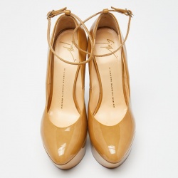 Pre Owned Giuseppe Zanotti Beige Patent Leather Wedge Platform Ankle Strap Pumps Size 39