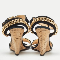 Pre Owned Giuseppe Zanotti Black Suede Chainlink Cork Wedge Sandals Size 38