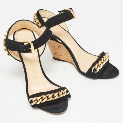 Pre Owned Giuseppe Zanotti Black Suede Chainlink Cork Wedge Sandals Size 38