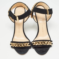 Pre Owned Giuseppe Zanotti Black Suede Chainlink Cork Wedge Sandals Size 38