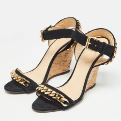 Pre Owned Giuseppe Zanotti Black Suede Chainlink Cork Wedge Sandals Size 38