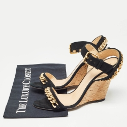 Pre Owned Giuseppe Zanotti Black Suede Chainlink Cork Wedge Sandals Size 38