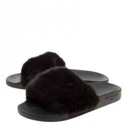 Pre Owned Givenchy Black Mink Fur Flat Slides Size 40