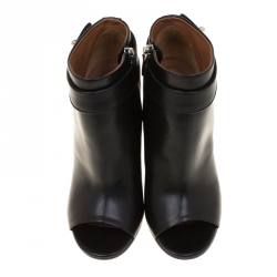 Givenchy Black Leather Shark Lock Peep Toe Ankle Boots Size 37