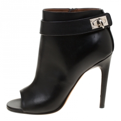 Givenchy Black Leather Shark Lock Peep Toe Ankle Boots Size 37