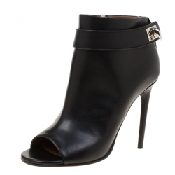 Givenchy Black Leather Shark Lock Peep Toe Ankle Boots Size 37