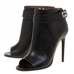 Givenchy Black Leather Shark Lock Peep Toe Ankle Boots Size 37