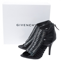 Pre Owned Givenchy Black Strappy Leather Metal Embellished Peep Toe Ankle Booties Size 36.5