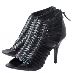 Pre Owned Givenchy Black Strappy Leather Metal Embellished Peep Toe Ankle Booties Size 36.5