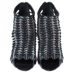 Pre Owned Givenchy Black Strappy Leather Metal Embellished Peep Toe Ankle Booties Size 36.5