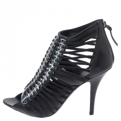 Pre Owned Givenchy Black Strappy Leather Metal Embellished Peep Toe Ankle Booties Size 36.5