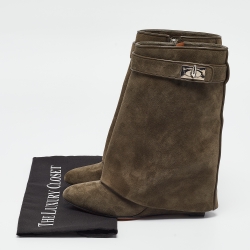 Givenchy Olive Green Suede Shark Lock Wedge Ankle Boots Size 37 