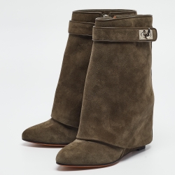 Givenchy Olive Green Suede Shark Lock Wedge Ankle Boots Size 37 
