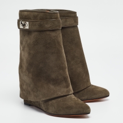 Givenchy Olive Green Suede Shark Lock Wedge Ankle Boots Size 37 